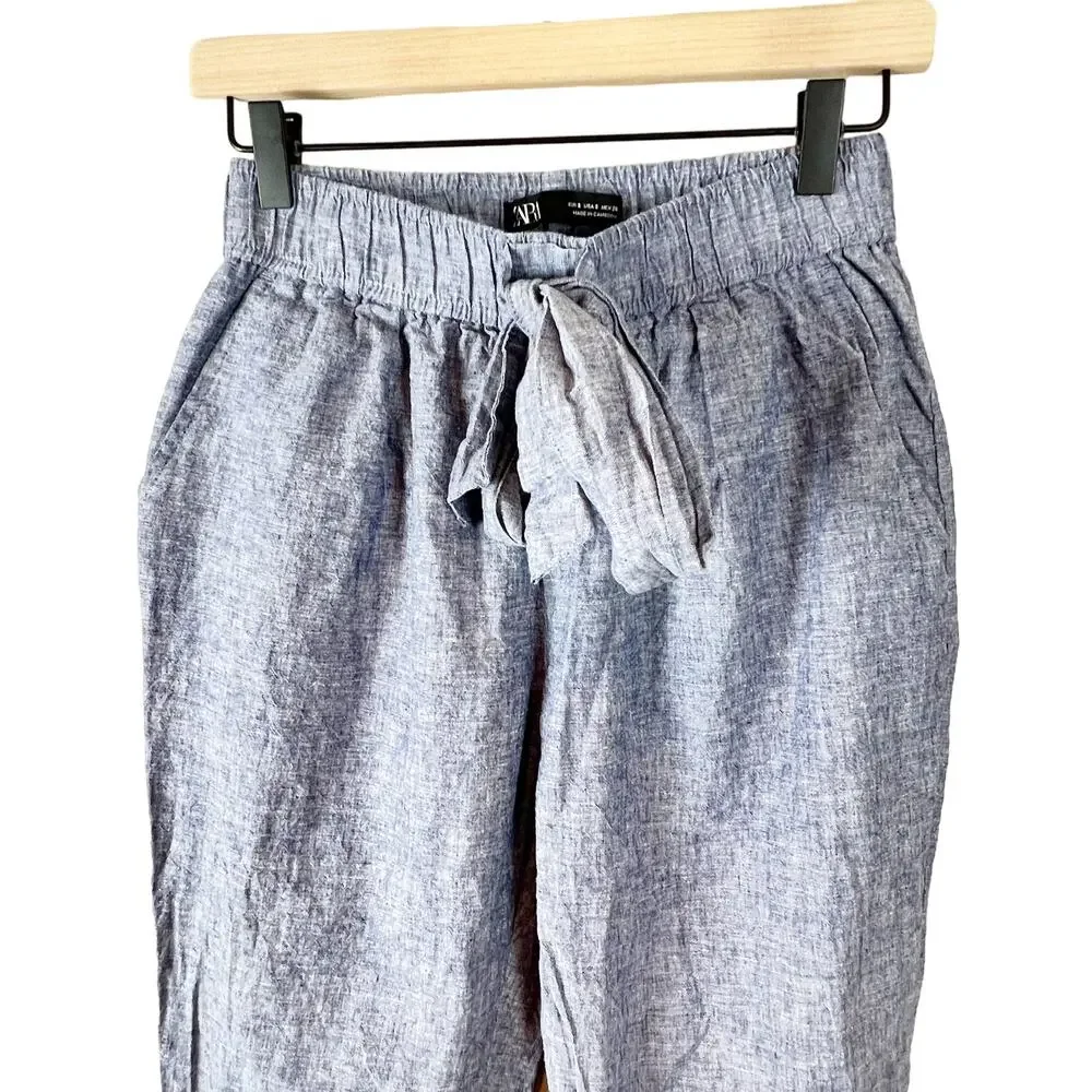 Zara‎ Blue Linen Blend Tie Waist Tapered Pants Womens Small High Rise Cuffed Hem